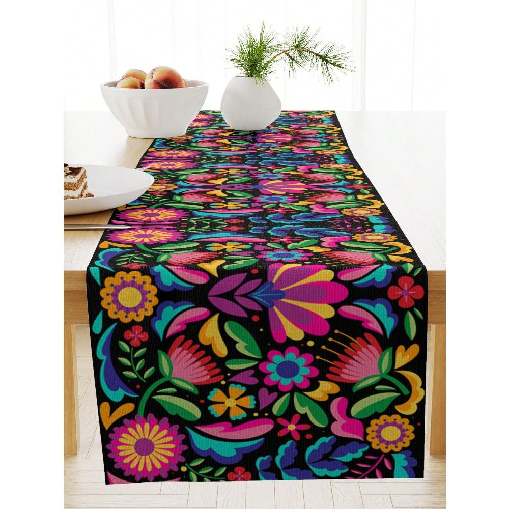 1pc Festive Linen Table Runner, Colorful Mexican Festival Design Tablecloth, Suitable For Home Dining Room And Restaurant, 13"X72"/33cm*183cm