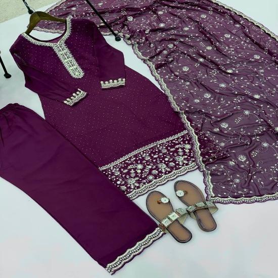 Royal Deep Purple Embroidered Kurti with Palazzo & Dupatta Set