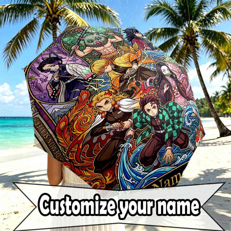 Custom Name Personalized Demon Slayer Anime Print Umbrella, Auto Open Close, 8‑Rib Sturdy Frame, Commute Camping Hiking Use, Birthday Gift