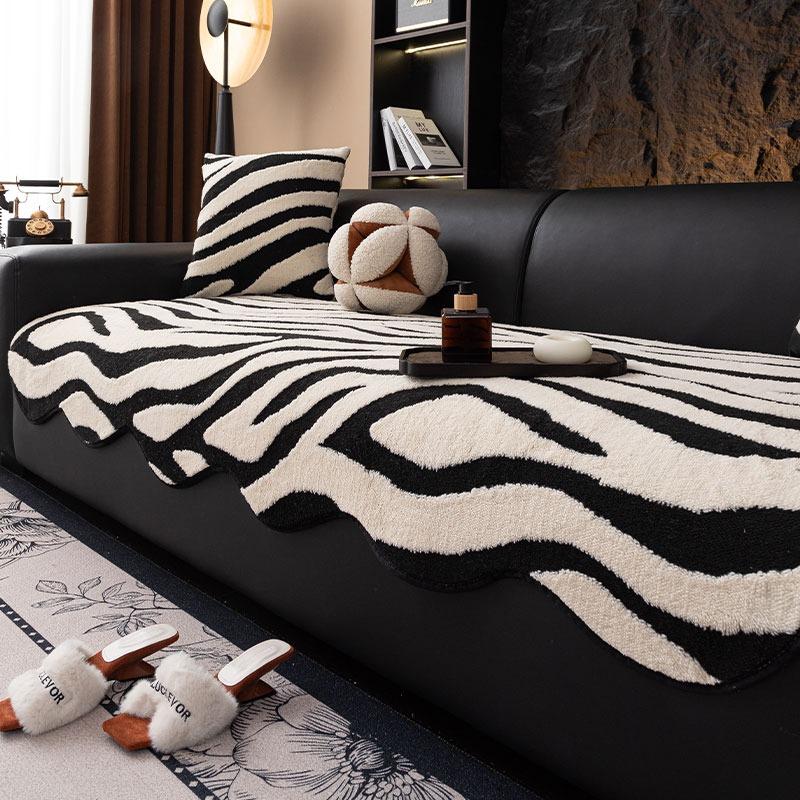1pc Zebra Stripes Jacquard Fleece Sofa Cover, Black & White Retro Modern Couch with Anti-Slip Sofa Towel Fit for 1/2/3/4 Seater