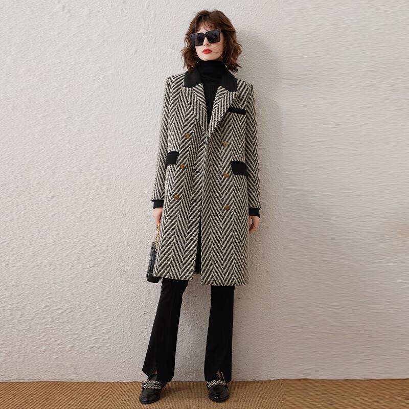 Women's Winter Striped Lapel Mid-Length Coat