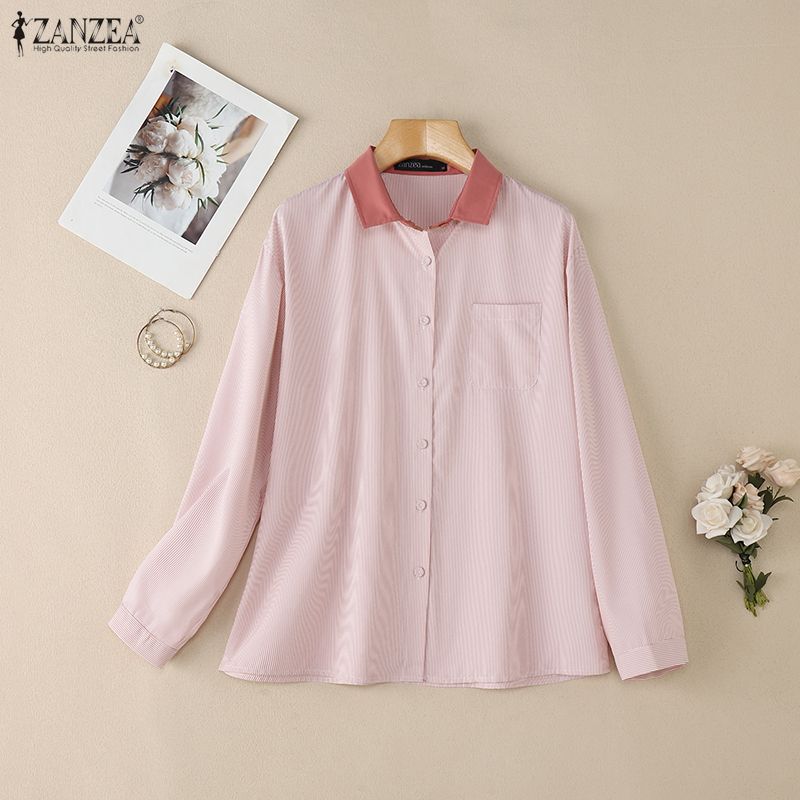 ZANZEA Women Casual Splice Turn Down Collar Long Sleeve Stripe Blouse