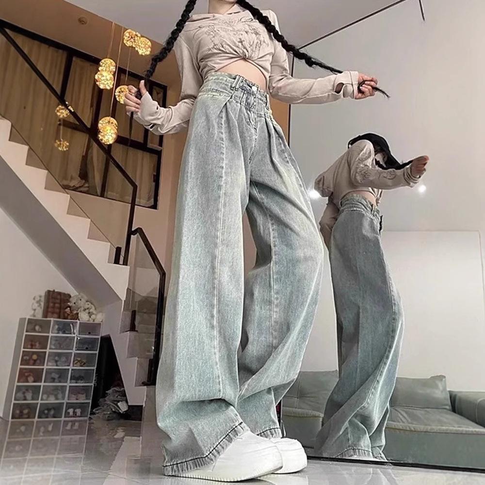 Jeans de pierna ancha de talle alto para mujer – Forma de pera, Verano, Corte holgado, Largo hasta el suelo, Pierna recta.