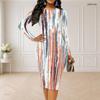 Women Plus Size Round Neck Long Sleeve Printed Striped Bodycon Midi Dress