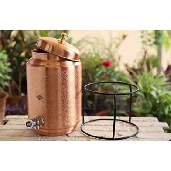 Copper Water Pot, Embossed Finish Design with Brass Tap & Stand, Storage & Serving Water, Volume- 5 Liters