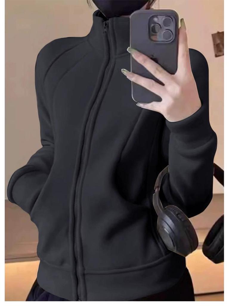 Damen Schwarze Fleecegefütterte Slim Fit Windjacke, Herbst/Winter 2025, Stehkragen, Normale Schulter.