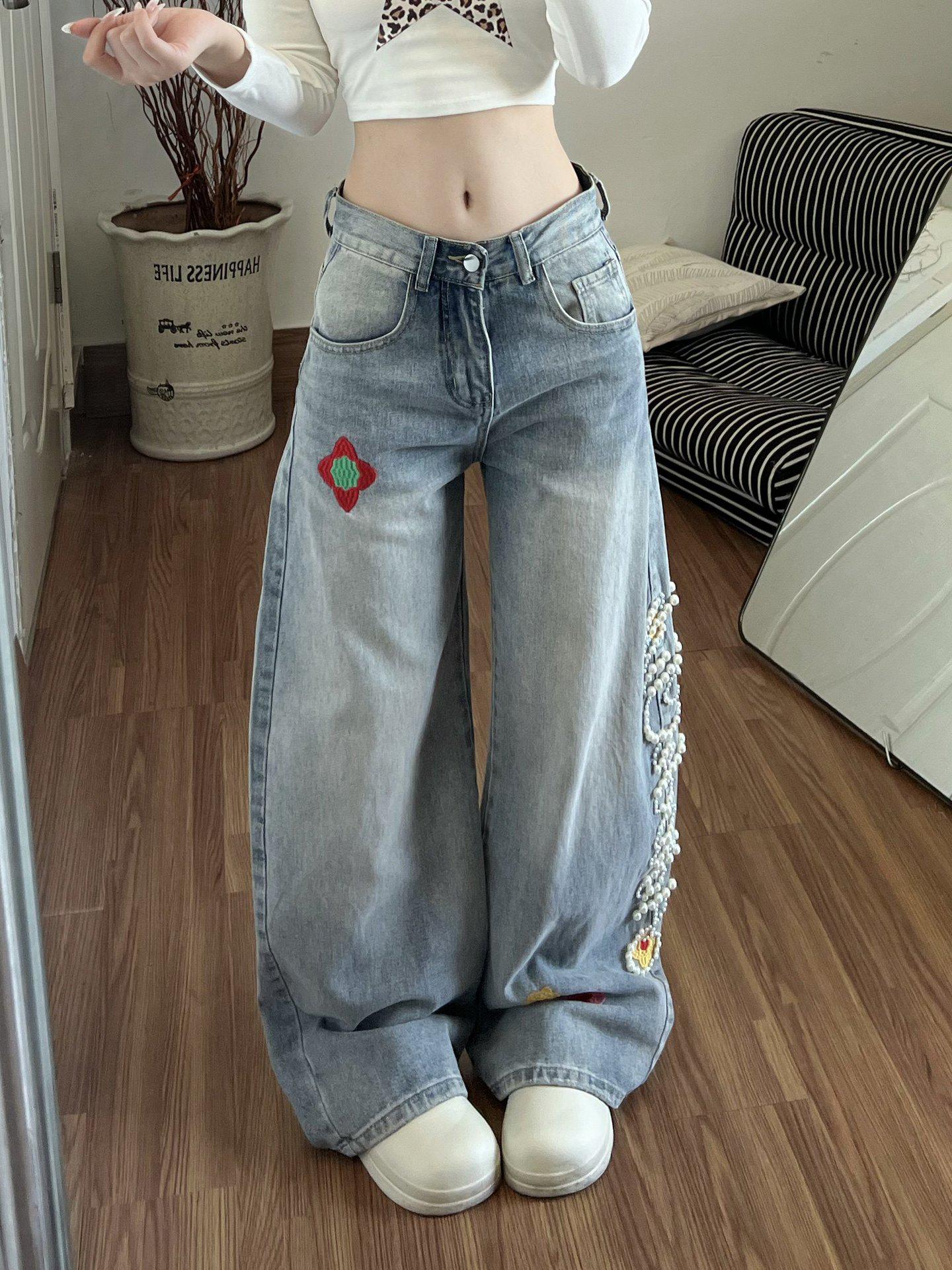 

Unisex 3D Beaded Embroidery Straight-Leg Jeans, Winter 2025 Collection - Washed, Loose Fit for Boys & Girls Large синий