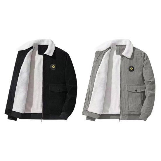Giacca da uomo con risvolto, manica lunga, fodera in peluche, tasche con patta, chiusura lampo completa, tinta unita, caldo, in velluto a coste