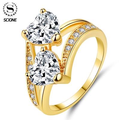 Fashion Women Blue Zircon Double Heart Love Rings Wedding Decor Double Heart Zircon Ring