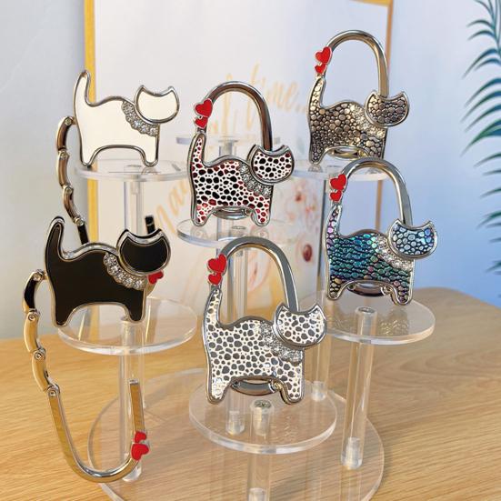 Cat-Shaped Bag Hook with Shiny Rhinestones Decor Non-Slip Base Foldable Desk
