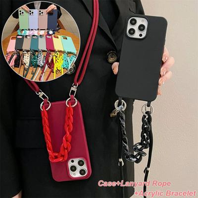 Crossbody Lanyard Strap Acryl Ketting Siliconen Hoes Voor iPhone 16 15 14 13 12 11 Pro X XR Max 7 8 Plus Samsung S24 23 S22 S21 Ultra Plus A54 A14 A53