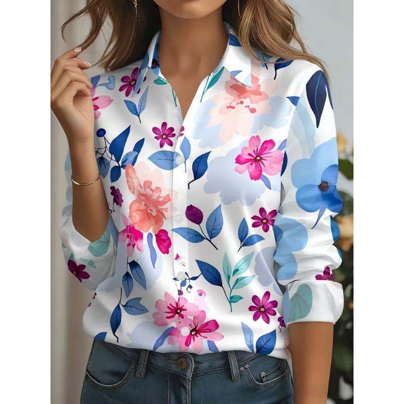 Spring Women's Button Shirt Elegant Colorful geometric patterns Lapel Blouses Long Sleeve Office Women Casual Printed Loose Tops