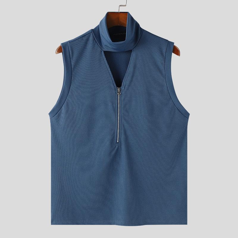 INCERUN Men High Neck Sleeveless Solid Vest Zipper Knitted Tank Tops