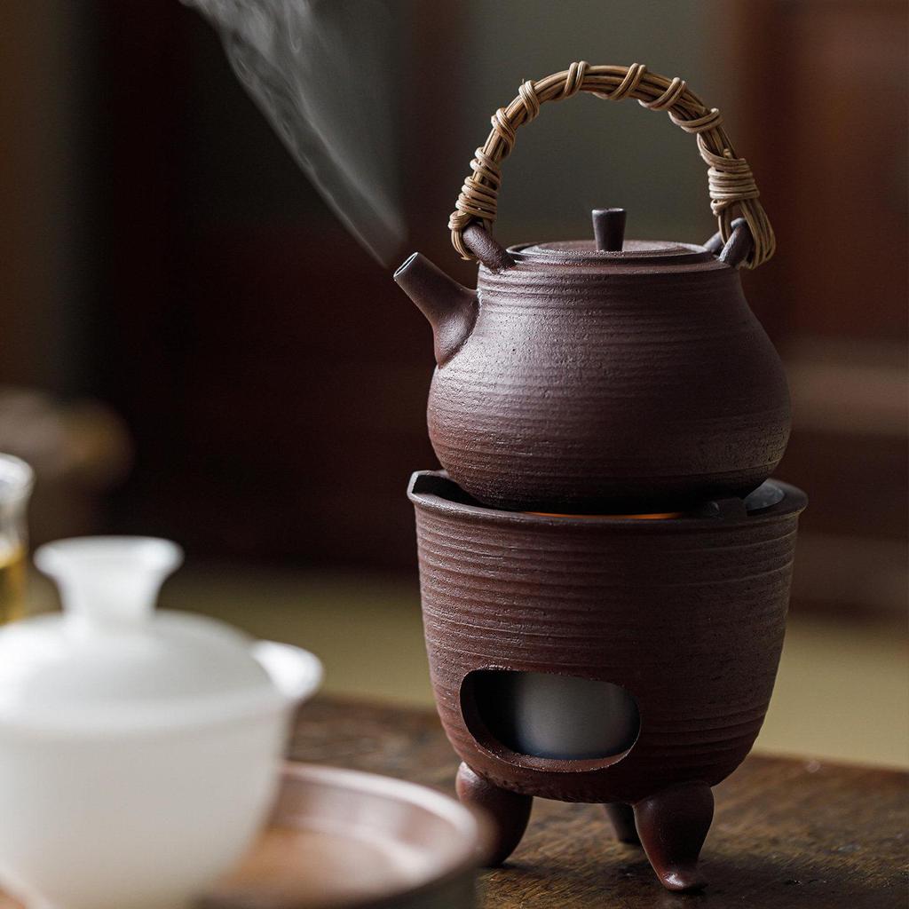 Guanlan Retro Chinese Coarse Pottery Tea Stove Set with Handle for Outdoor Camping