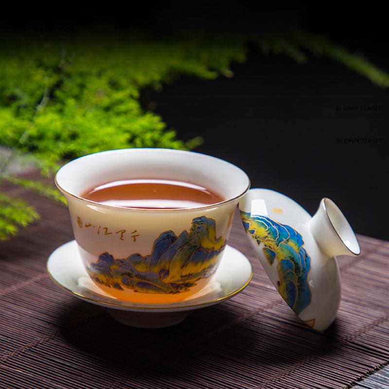 11 Pcs/set Chinese Ceramics Tea Set Handmade Suet Jade White Porcelain Teapot Bamboo Leaf Gaiwan Kettle Teacup Household Teaware