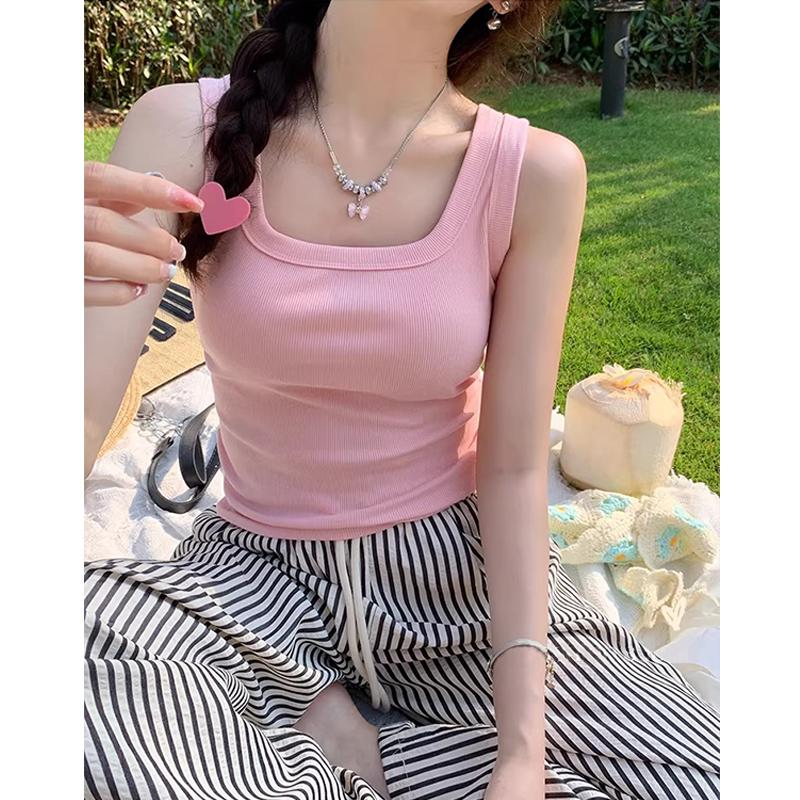 Milk Yellow Square Neck Tank Top for Women Wide Strap Slim Fit Sleeveless Vest Inner Layer Cover Armpit Fat