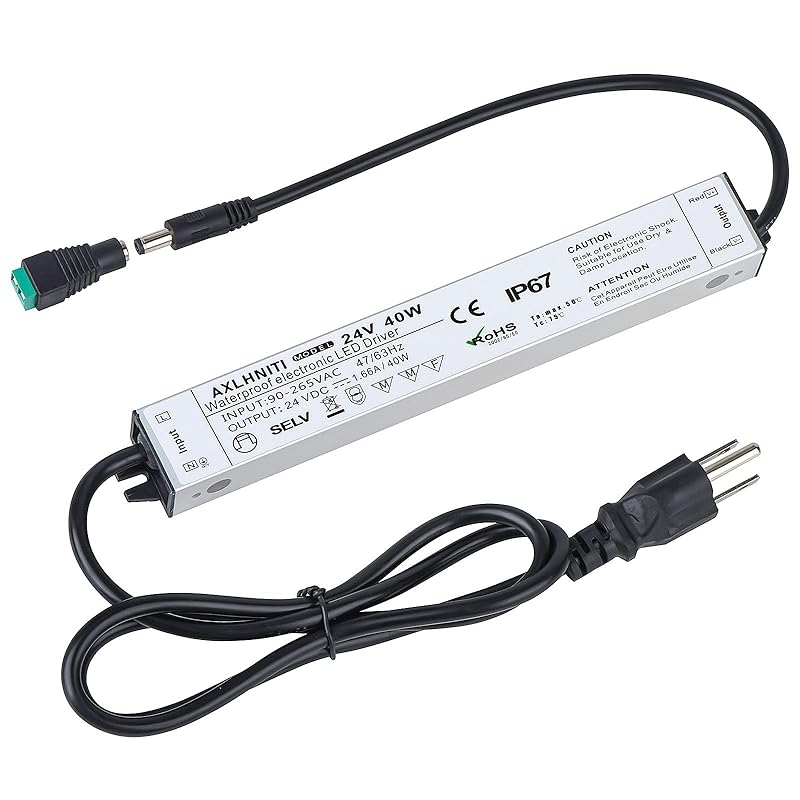 LED Driver 40W 24V, Waterproof IP67 24V Power Supply, LED Transformer 90V-265V AC to 24V DC, LED Power Supply with 3-Prong Plug 3.3 Feet Cable for