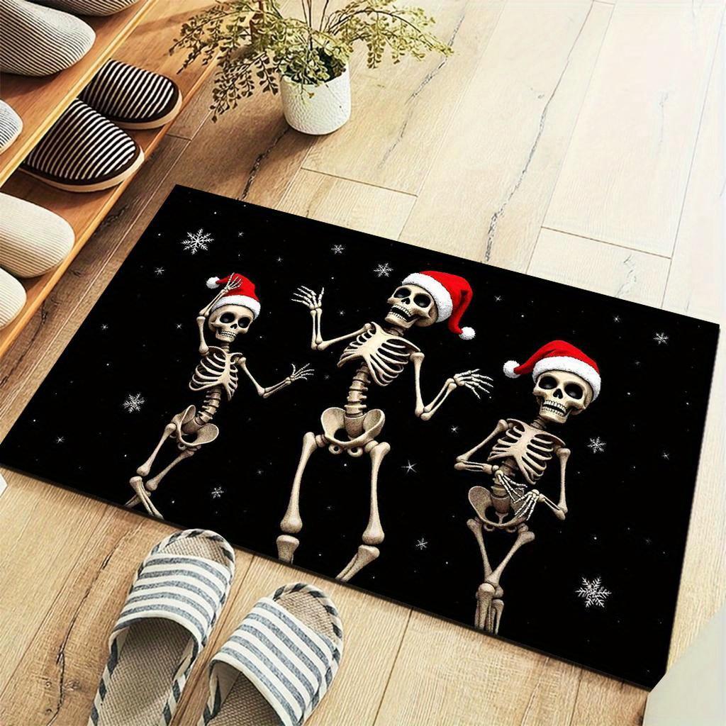 Spooky Holiday Floor Rug Skeleton Skull Pumpkin Moon Welcome Slogan Gothic Pattern Decor Area Rug for Indoor Porch Home Ornament