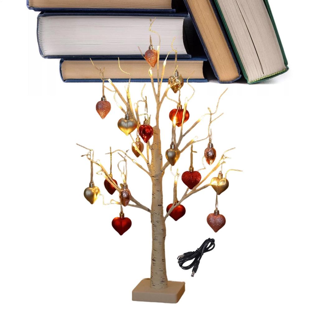 Birch Tree With LED Lights Romantic Artificial White Birch Tree With 18 Heart-shaped Ornaments Valentine's Day Table Decoration