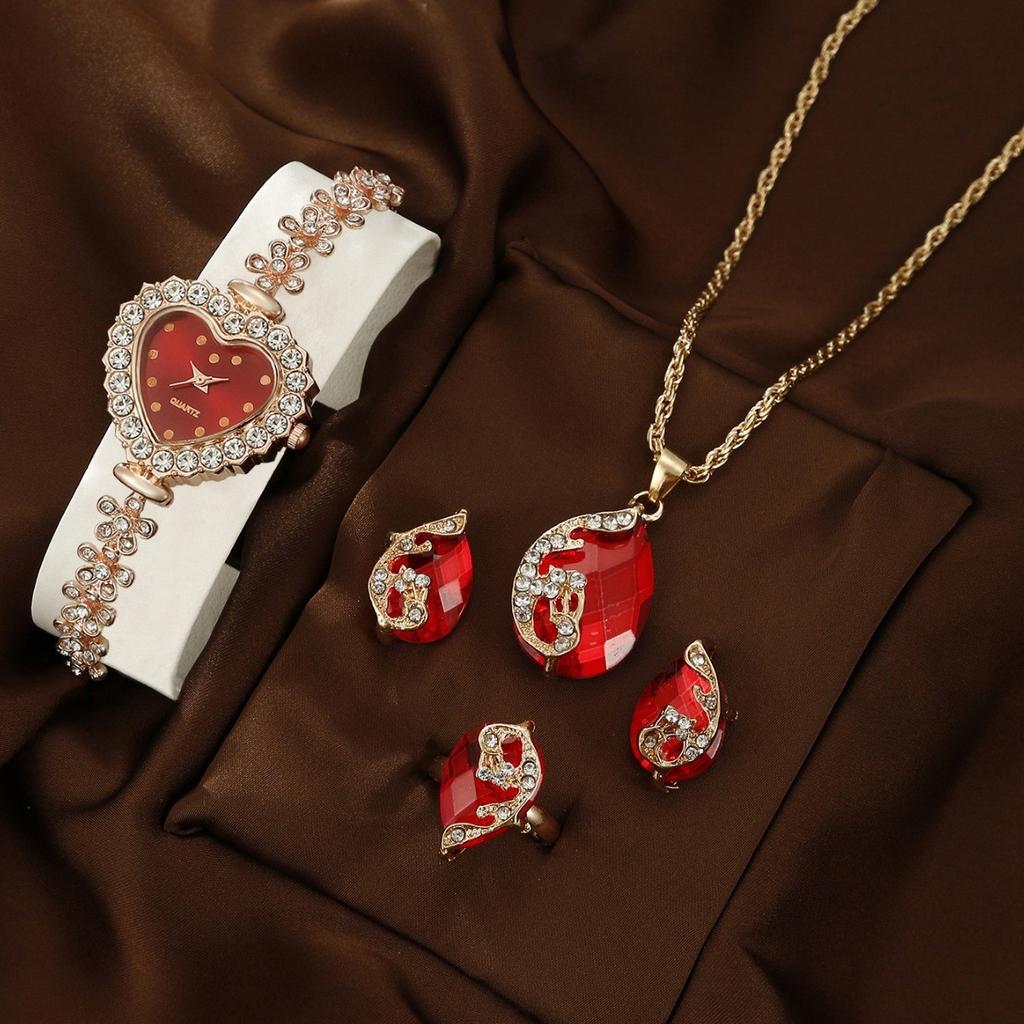 5 st/set Vardagsmode Kvarts Klocka & Hjärta Strass Smyckesset Gåvor för Kvinnor Lyxmärkesdesign Kvinnor Montre Femme Reloj