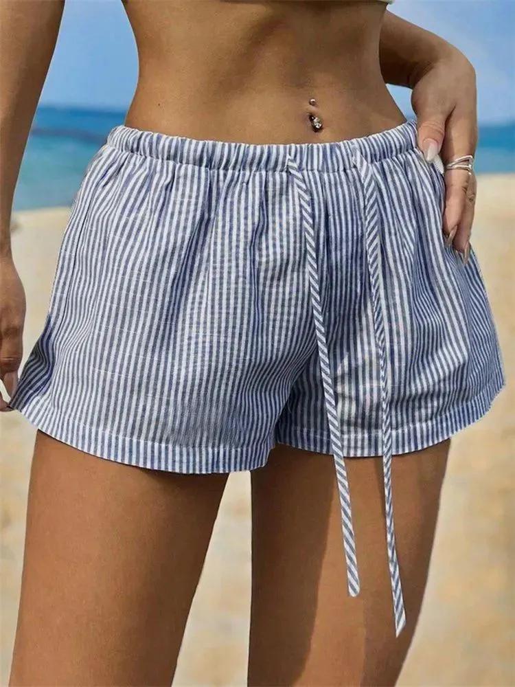 Short Phumee Striped   Elastic Waist  Beach  Lace Up  A2441