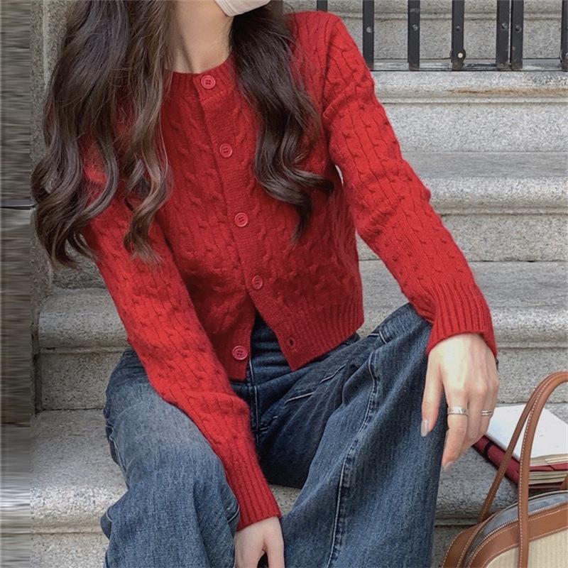 Korean Academic Cable Knit Cardigan for Women – Soft, Sweet Round Neck Solid Knitwear