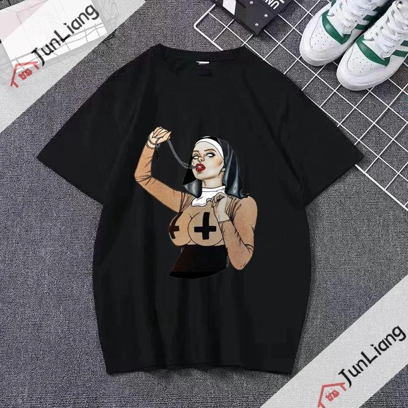 Smoking and Drinking Nuns Religious T-shirt, Cute Unisex T-shirt Short Sleeved Summer Crew-neck Plus Size Breathable Clothing