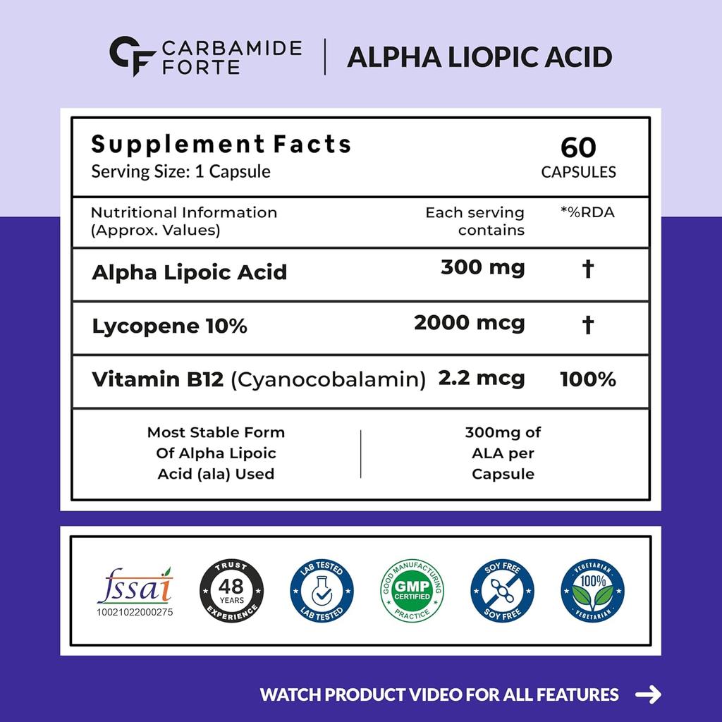 Carbamide Forte Alpha Lipoic Acid 300mg ALA Capsules with Vitamin B12 for Energy & Immunity 60 Veg Capsules