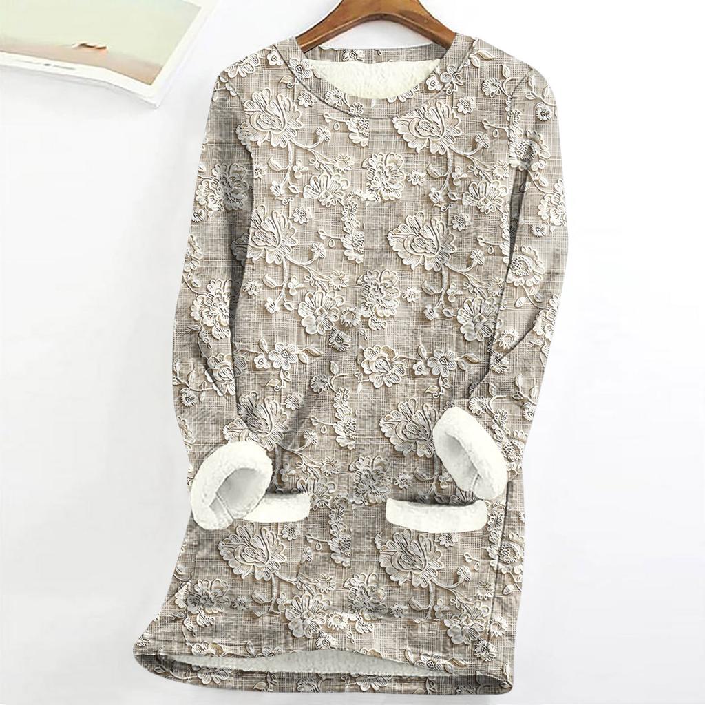 Dame Rundhals Topp Trykk Fortykket Plysj Kasjmir Varm Lang Topp