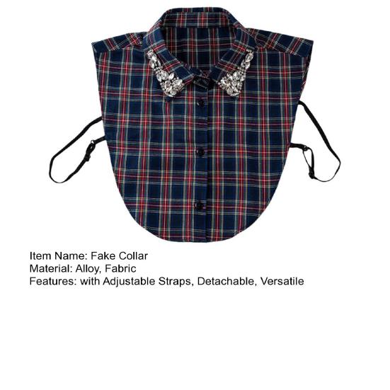 Women Plaid Fake Collar Red Blue Christmas Plaid Collar with Rhinestones Detachable False Collar for Sweater Sweatshirt Hoodie