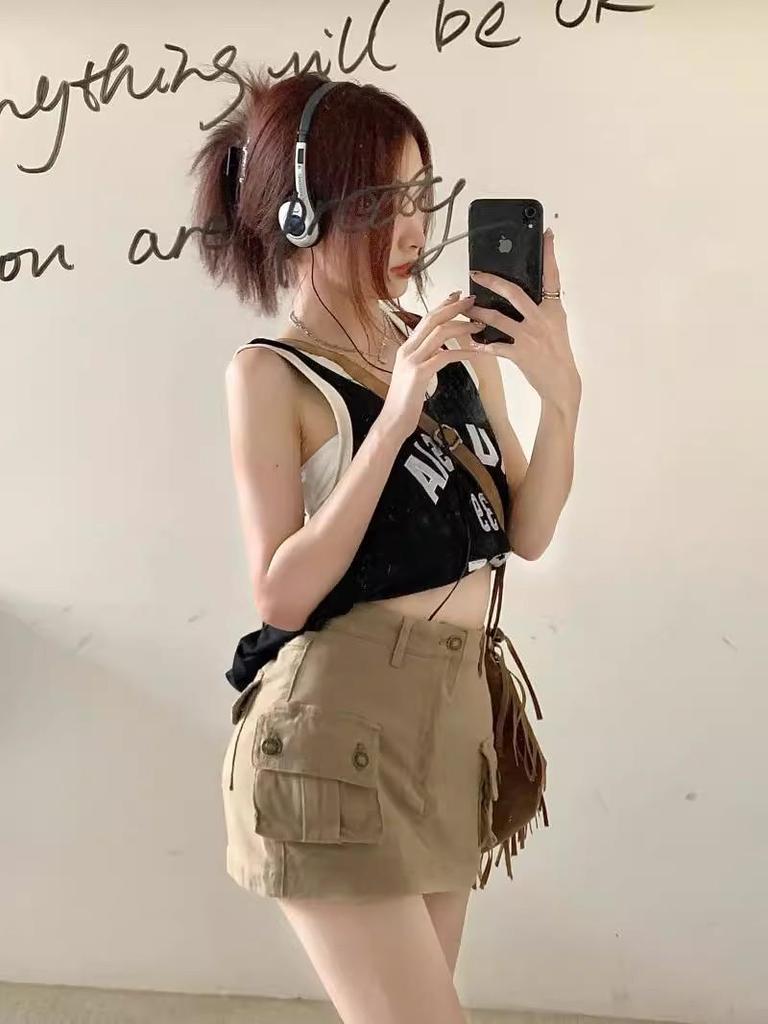 Khaki High-Waist A-Line Denim Skirt - Slim, Retro, Summer Style for Women