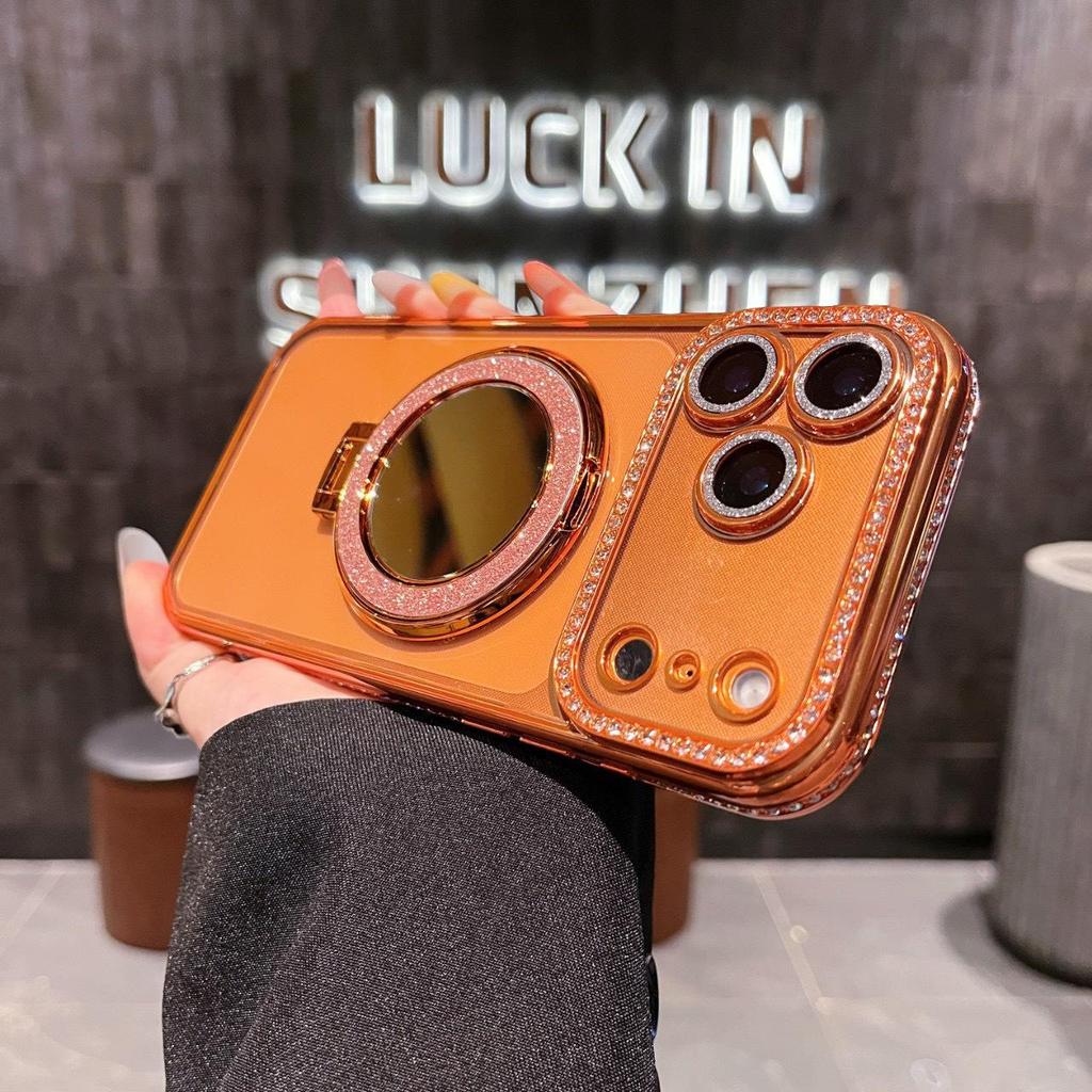 Rhinestone Border Phone Case with Magnetic Stand for iPhone 17 Pro Max & Apple 16 - Glitter Mirror Finish
