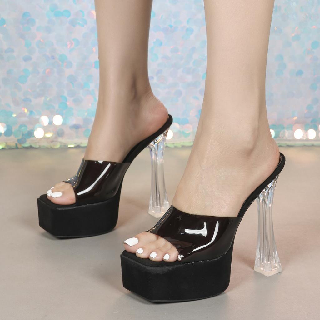 MCLUBGIRL  Crystal Thick Heel Square Transparent Word With High Heel Cool Slippers Skirt Fairy Shoes Catwalk Performa LFD-3640-3