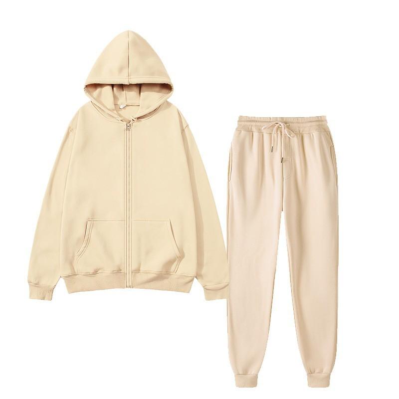 Womens Fleece Hooded Zip Tracksuit Loose Fit Solid Color Sportswear Set