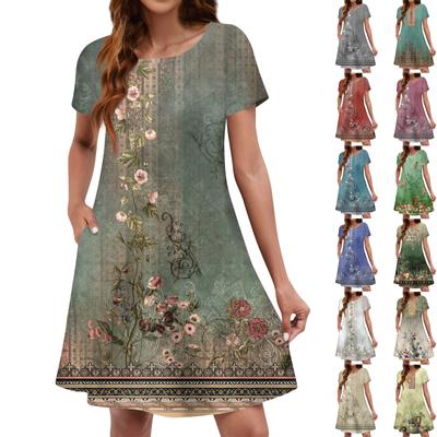 Summer Dresses For Women Beach Floral Sundress Short Sleeve Pockets Casual Tshirt Dress
