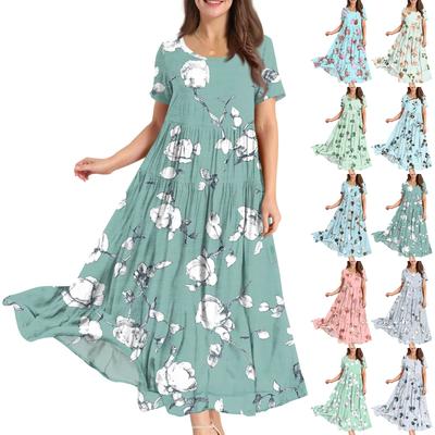 Damen Sommer Rundhals Kurzarm Geblümtes Boho Lockeres Kleid
