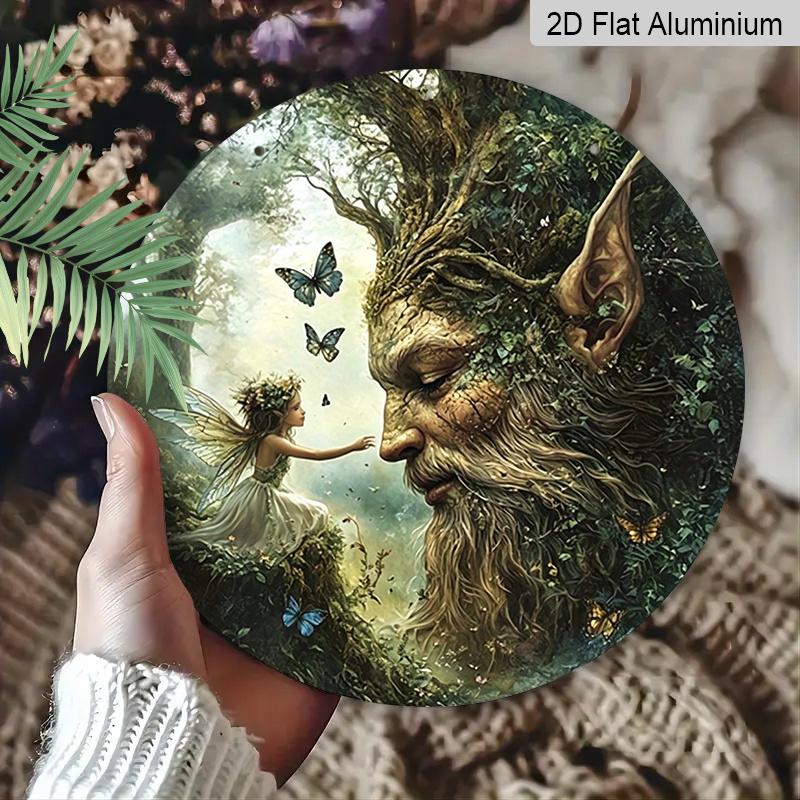 2D Flat, 1pc Vintage Metal Aluminum Sign - Enchanted Fairy & Tree Spirit Fantasy Art Round Wall Decor, Vibrant Colors Indoor/Outdoor Use for Cafe