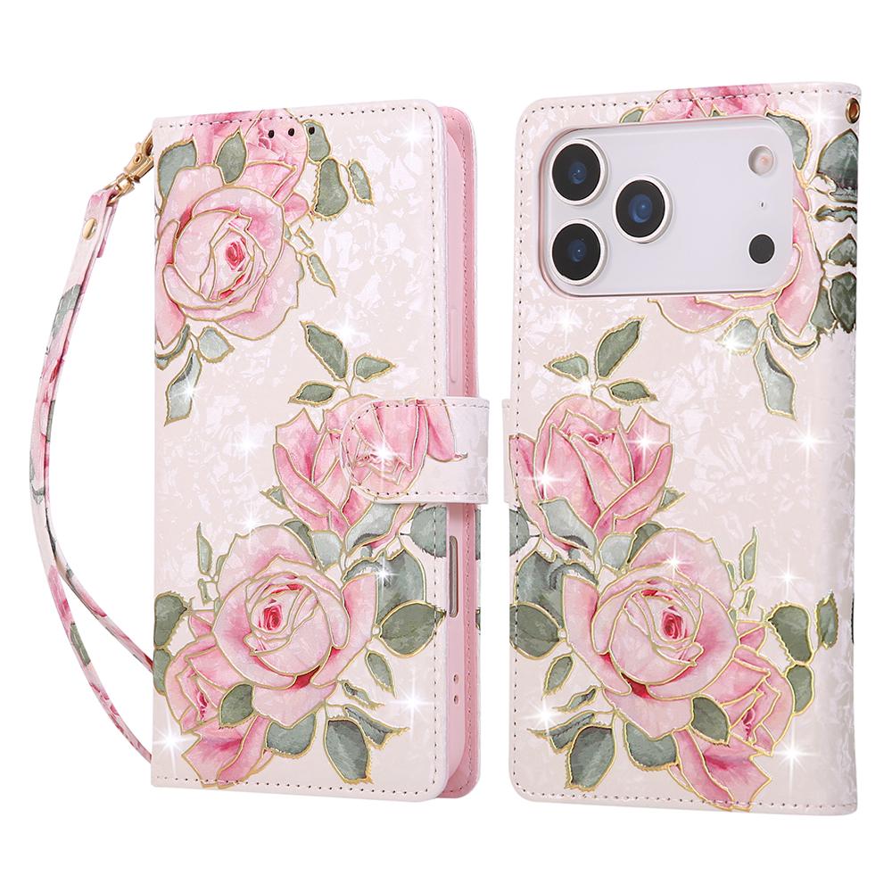 For iPhone 17 Pro Max Case RFID Blocking Flower Leather Phone Cover with Wrist Strap