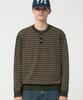 TRILLION Semi-Crop Henley Neck Knit_Stripe Khaki
