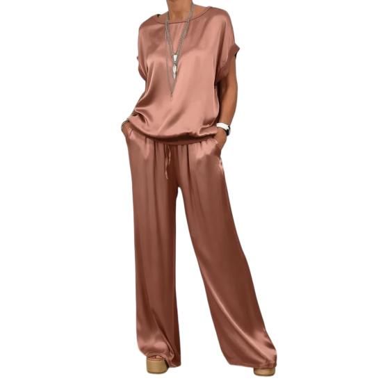 

Женские летние атласные комплекты для дома с коротким рукавом и круглым вырезом, комплект с широкими брюками, повседневные комплекты из 2 предметов для отпуска XL кофейный