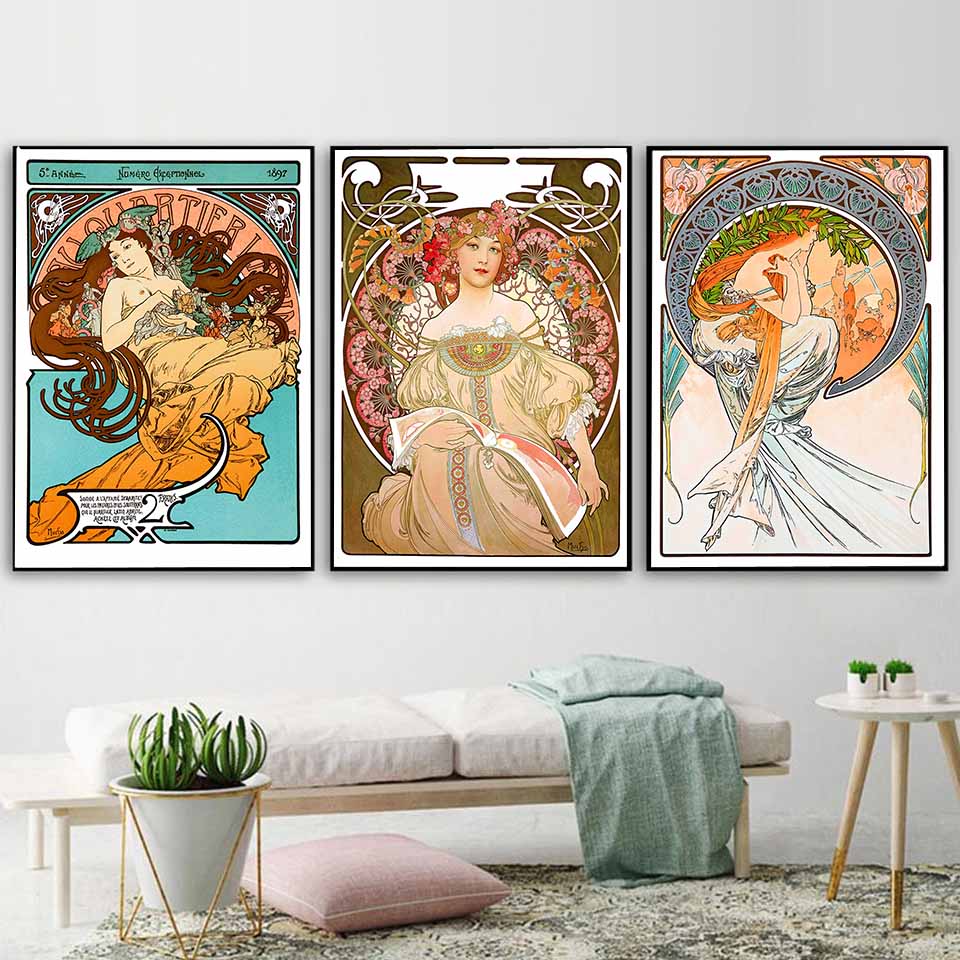 Retro Woman Alphonse Mucha Canvas Painting Nordic Art Poster Abstract Printmaking Museum Exhibition Mural Living Room Home Decor