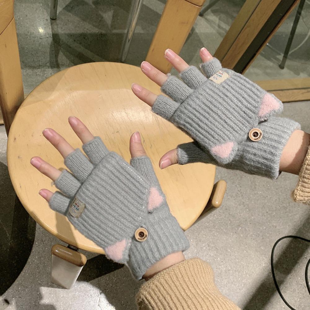 Cycling Solid Color Keep Warm Women's Gloves Thick Mittens Flip Cover Gloves Half Finger Gloves