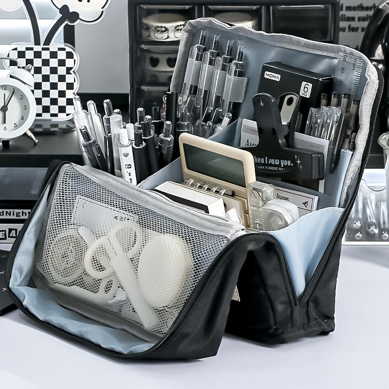 Large-capacity Upright Pen Case, Multi-compartment Design with Mesh Pocket, Cosmetic Storage Bag