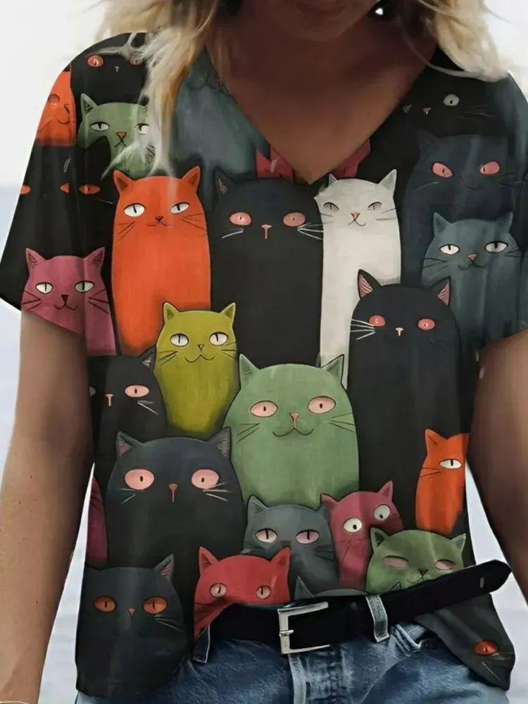 Neue Süße Katze Tier 3D Druck T-Shirts Mode Damen V-Ausschnitt Kurzarm T-Shirt Y2k Harajuku T-Shirts Lässige Oberteile Damenbekleidung
