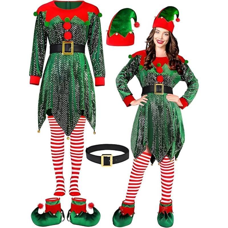 Enchanting Christmas Elf Costume For Women In Olive Green Velvet With Sparkling Sequins