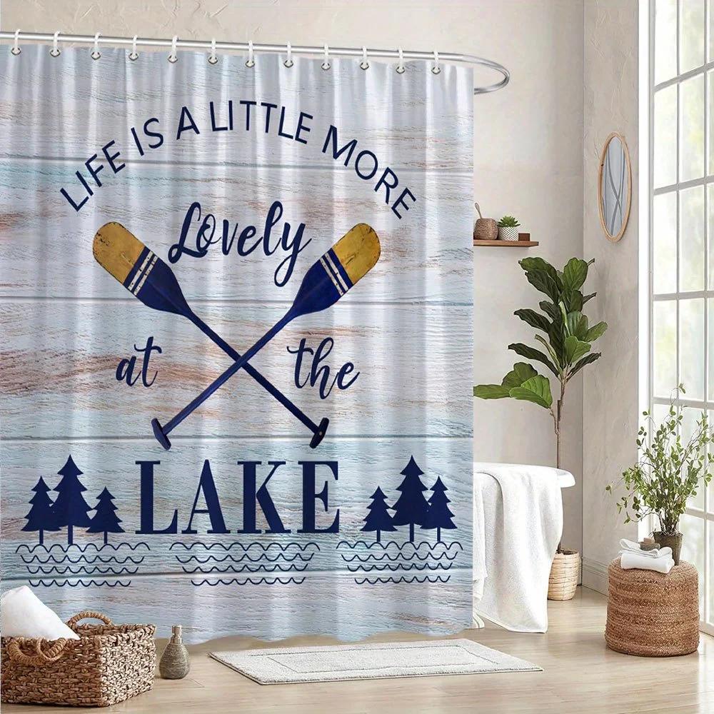 

Rustic Lake Life Shower Curtain Life Is Lovely At The Lake Crossed Oars Pine Trees Nautical Theme Polyester With Hooks W60H190(CM)-1 Pcs