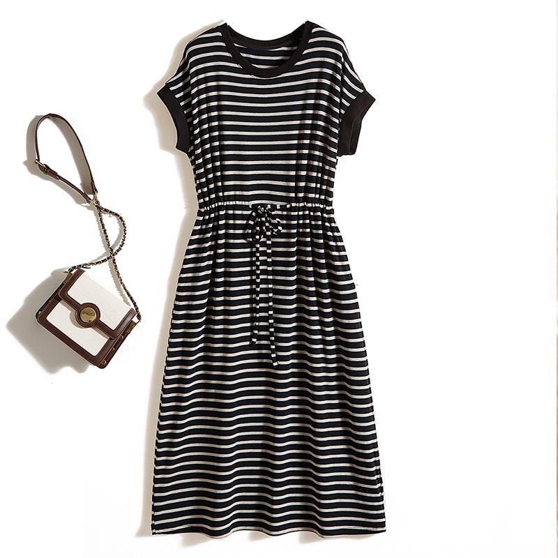 

Knitted Long Sweater Dress! Women Summer round Neck Raglan Sleeve Stripe over the Knee Lace-up Pocket Dress Sweat-Absorbent Breathable Black XL