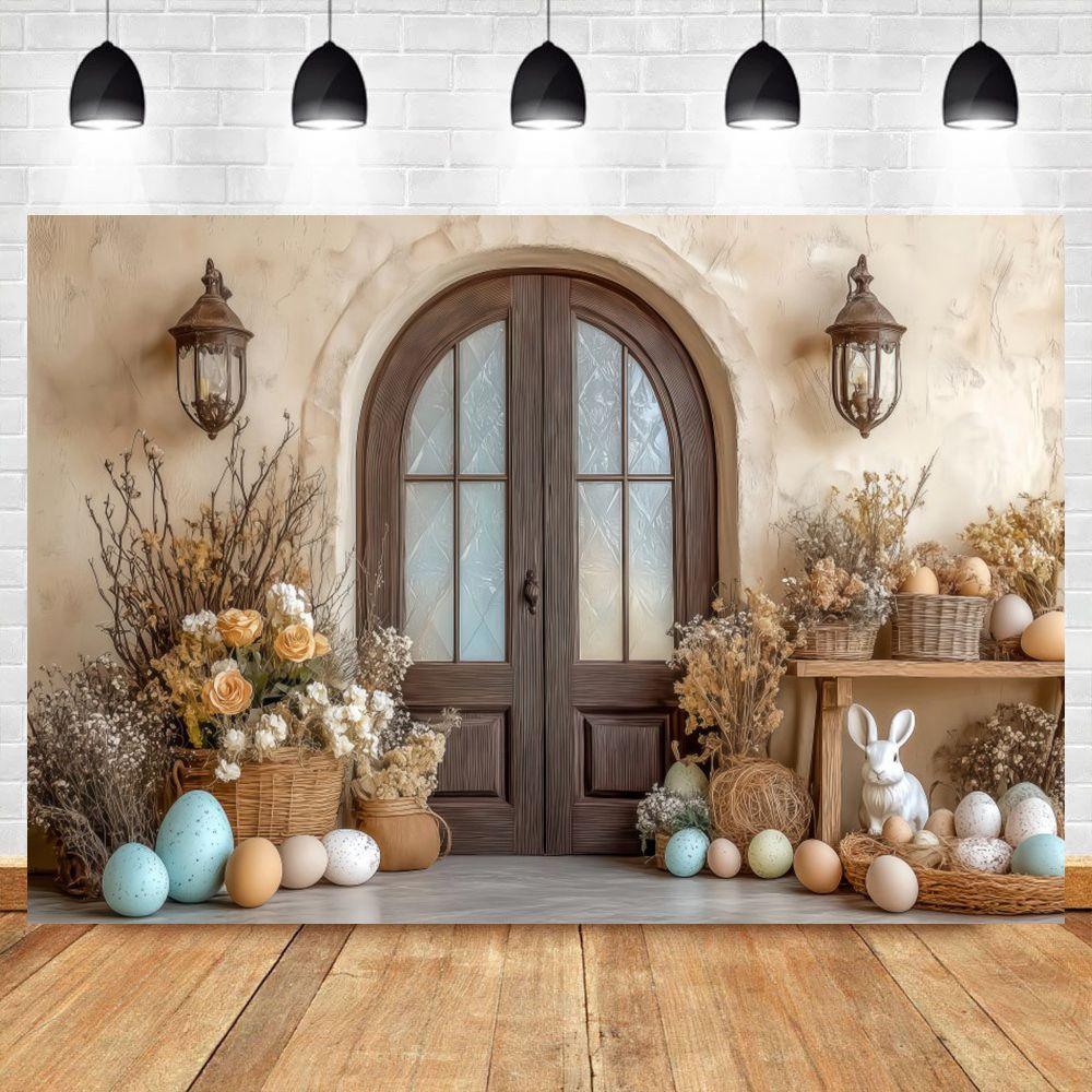 Easter Backdrop Wooden Door Indoor Flower Egg Easter Children's Birthday Baby Shower Party Decor Portrait Photography Background
