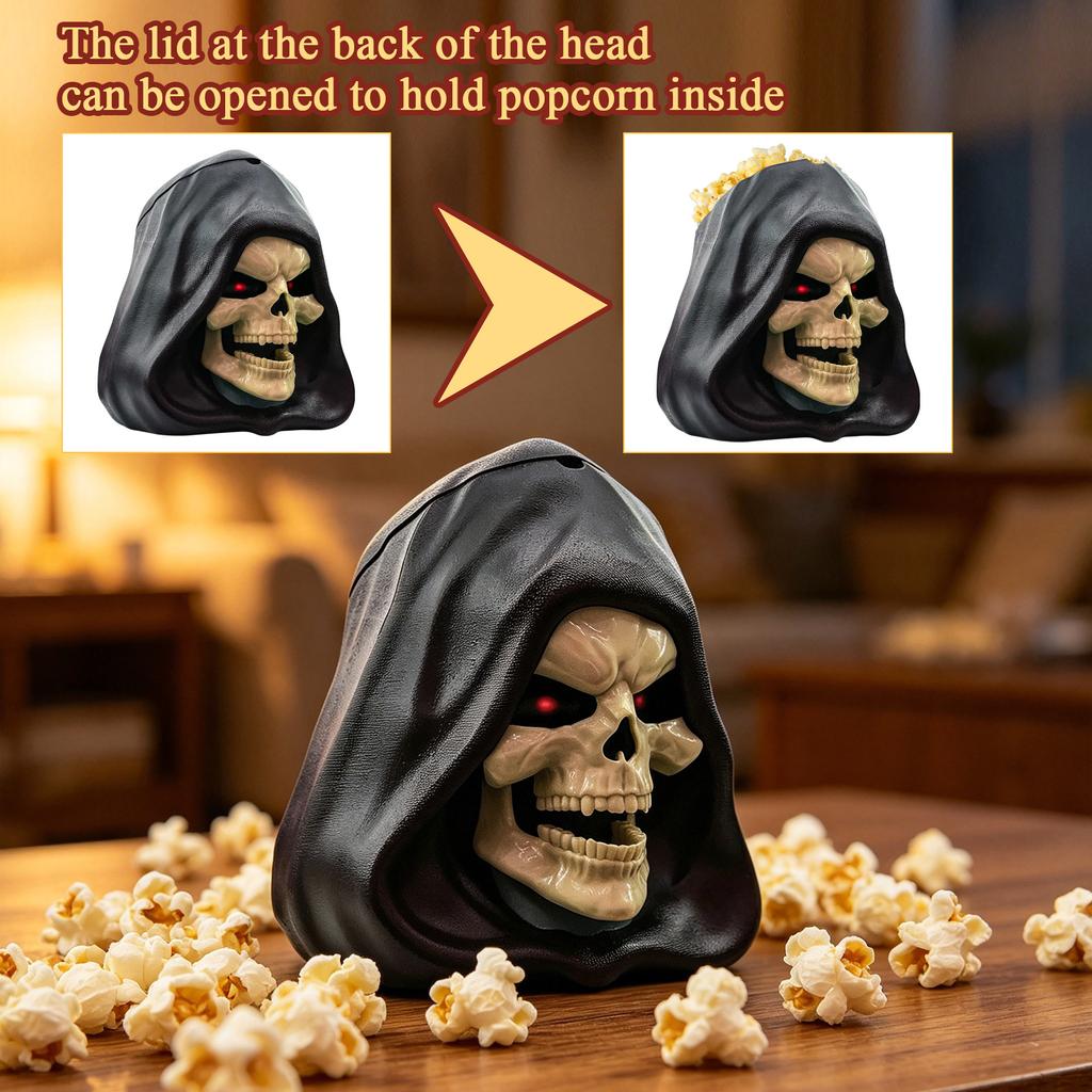 Skull Head Popcorn Bucket with Hooded Design Durable Material for Themed Events and Collectibles Suitable for Indoor Use