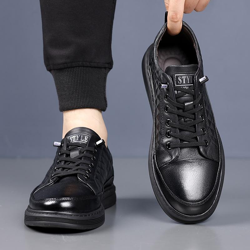 Autumn new first-layer cowhide casual men's shoes black flat shoes breathable lace-up-free versatile board shoes men's trendy shoes